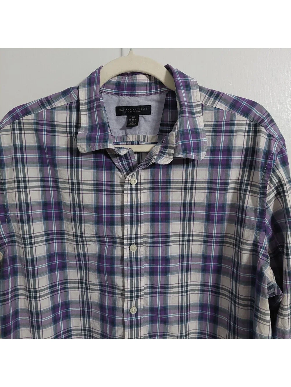 Banana Republic Tall Large Purple Plaid Soft-Wash Cotton Shirt